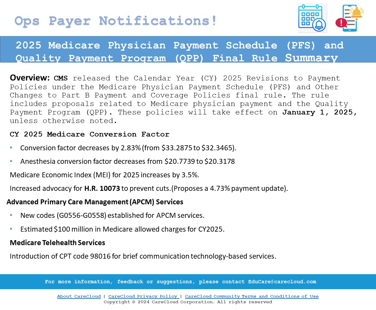 Summary of 2025 Medicare Physician Payment Schedule (PFS) and Quality